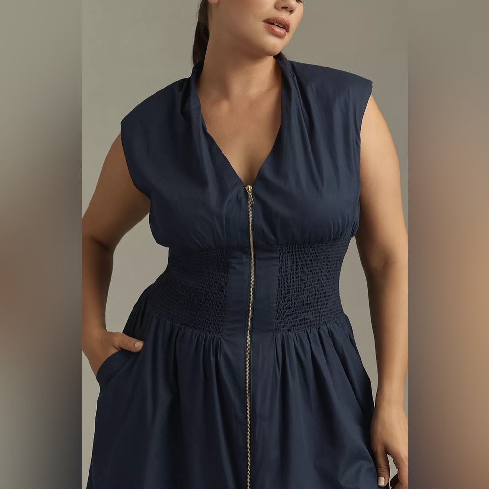 Anthropologie The Tommie Cap-Sleeve Smocked Front-Zip Shirt Midi Dress - Picture 3 of 5